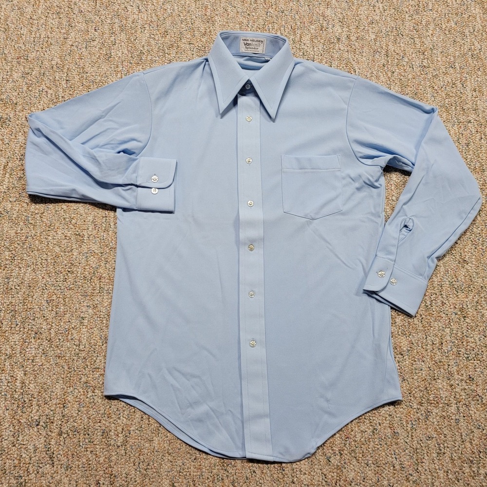 Vintage Van Heusen VanKnit Splendor Shirt Men 15 32 Blue 70s Disco Dagger Collar